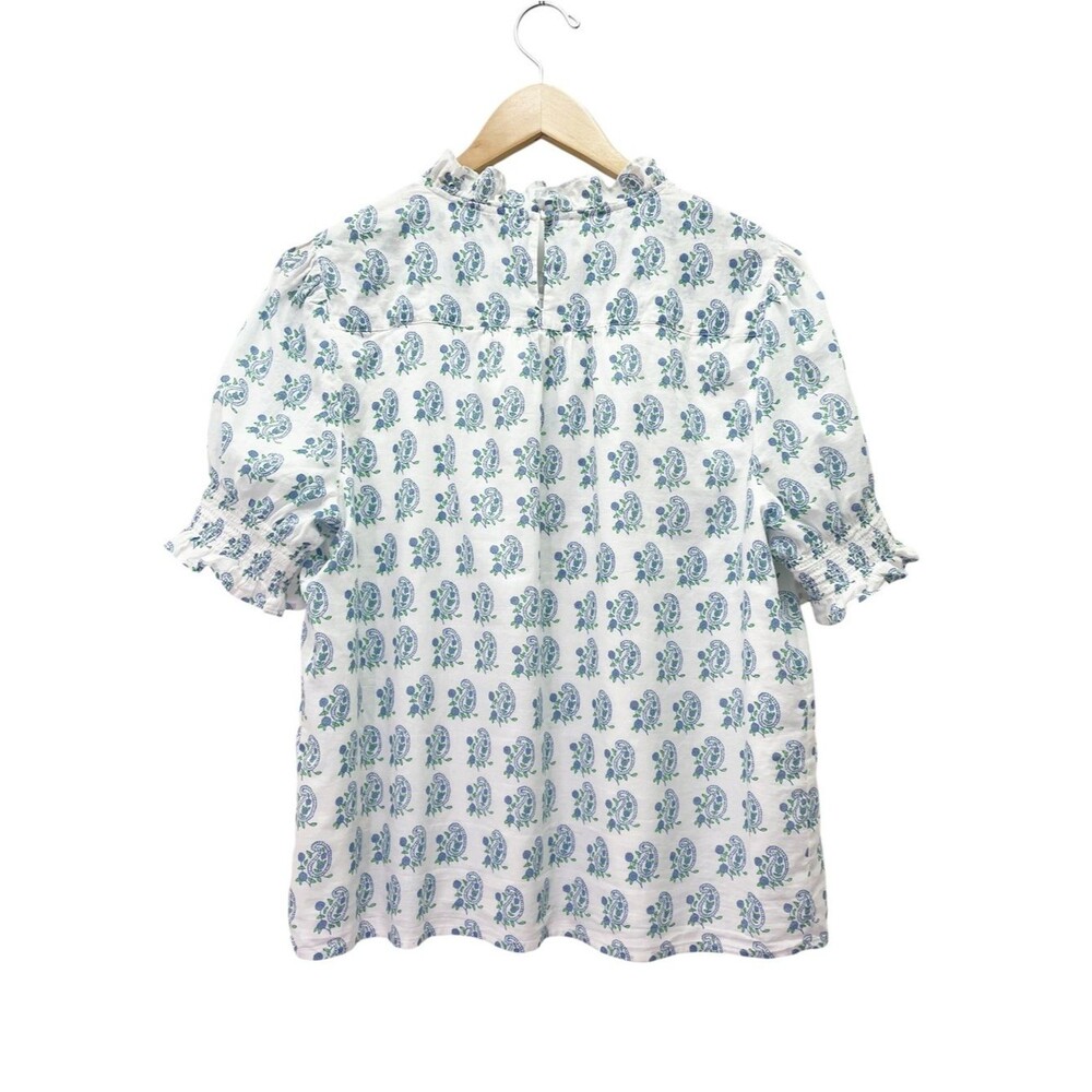 J. Crew x SZ Blockprints Paisley Puff Sleeve Top White Blue Organic Cotton Large - Picture 3 of 7